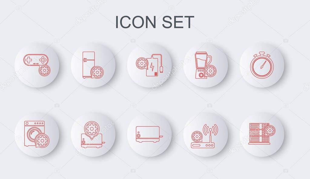 Set line Server setting, Washer, Power bank, Router and wi-fi, Gamepad, Refrigerator, Toaster and  icon. Vector