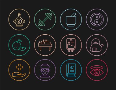 Hipnoz hattı, fincanlı çaydanlık, havan topu ve tokmak, akupunktur terapisi, Citrus meyvesi, yağ şişesi, serum torbası ve Dumbbell ikonu. Vektör