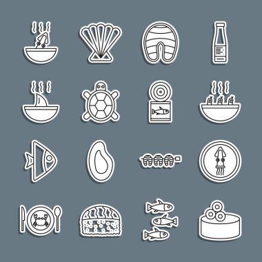 Havyarlı teneke kutu, tabakta ahtapot, karides çorbası, balık bifteği, kaplumbağa, yüzgeç çorbası, ahtapot ve balık konservesi. Vektör