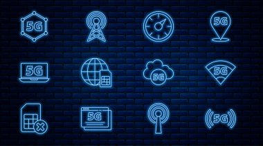 Hat 5G ağı, dijital hız ölçer, Globe Sim Card, Laptop with, Cloud ve Anten simgesi ayarla. Vektör