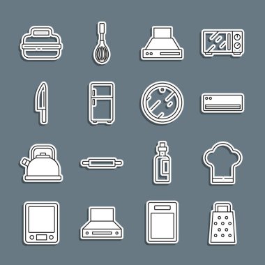 Hat Grater, Chef şapkası, klima, mutfak vantilatörü, buzdolabı, bıçak, tencere ve kesme tahtası ikonu. Vektör