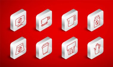 Çaydanlık, kahve fincanı, kahve çekirdekleri, su bardağı, ikon olarak kullanılacak yer. Vektör