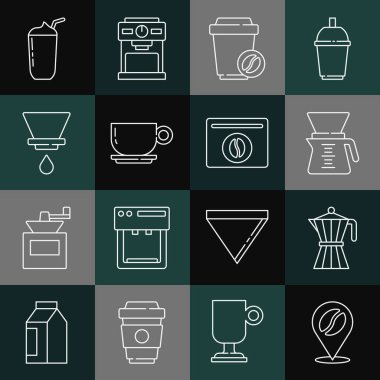 Sırayı kahve çekirdeği, kahve fincanı, bardağı doldurma, V60, Milkshake ve Bag fasulyesi ikonu ile belirleyin. Vektör
