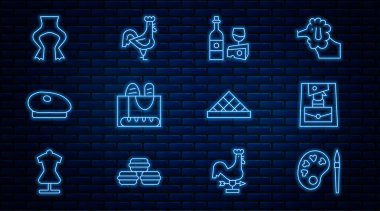 Palet, el çantası, şarap şişesi peyniri, Fransız baget ekmeği, bere, kurbağa bacağı, Louvre müzesi ve horoz ikonu ile boya fırçası. Vektör