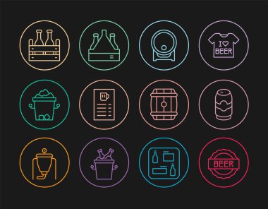 Birada şişe kapağı, bira kutusu, rafta tahta fıçı, menü, buz kovası, bir paket şişe ve ikon. Vektör