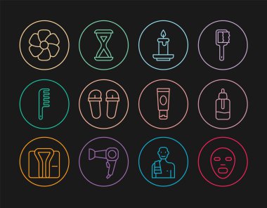 Yüz maskesi, temel yağ şişesi, Aroma mumu, parmak arası terlik, saç fırçası, çiçek, krem veya losyon tüpü ve Sauna kum saati ikonu. Vektör