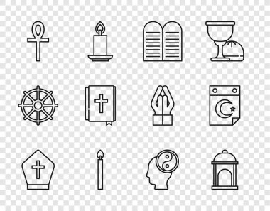 Papa şapkası, Müslüman camisi, emirler, yanan mum, haç ankh, kutsal İncil kitabı, Yin Yang ve yıldız hilal ikonu. Vektör