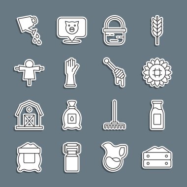 Bir torba un, bir şişe süt, ayçiçeği, sepet, lastik eldiven, korkuluk, su kovası ve ballı çubuk ikonu. Vektör