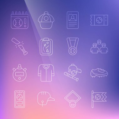 Beyzbol topu, beysbol botu, oyunculardan oluşan takım, kart, planlama stratejisi, kırık sopa, takvim oyunu ve madalya ikonu. Vektör