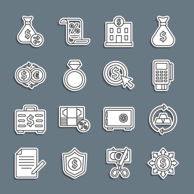 Dolar, hisse, ağ, altın külçeleri, kredi kartlı POS terminali, banka binası, elmas nişan yüzüğü, para değişimi, çanta ve madeni para ikonu. Vektör