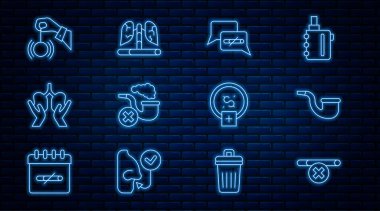 Hattı ayarla sigara, pipo, dumanla sigara içmek, ciğerler, hipnoz para biriktirmeyi bırak ve akciğer hastalıkları ikonu yap. Vektör