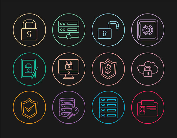 Установка линии идентификации значок, облачные вычислительные блокировки, открытый замок, блокировка монитора компьютера, планшет с закрытыми, Щит доллара и сервера, данные, веб-хостинг значок. Вектор