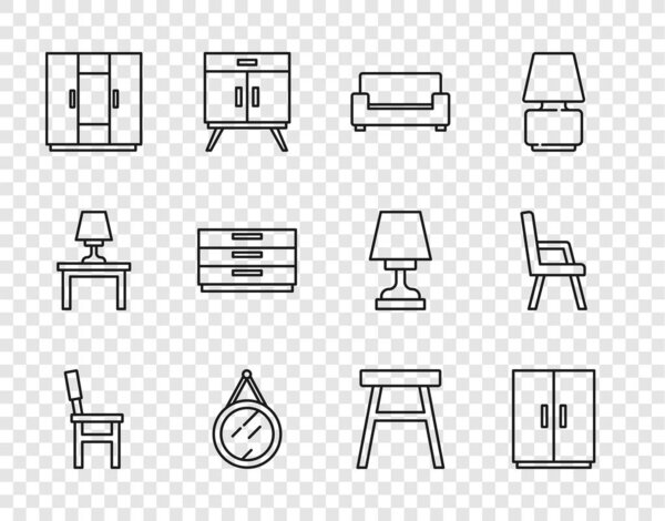 Набор строк Чехол, Шкаф, Софа, Зеркало, Ящик для сундука и значок Кресла. Вектор