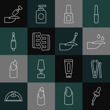 Pipette 'i yağ, tırnak makası, manikür, bir şişe tırnak cilası pedikür, değirmen ve manikür ikonu olarak ayarla. Vektör