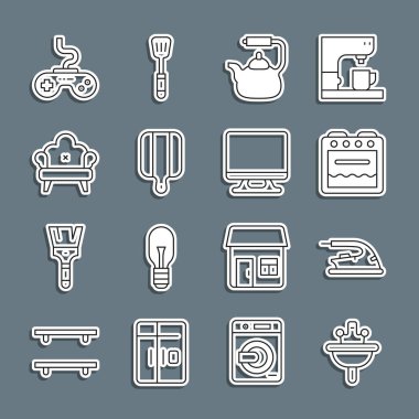 Hat Washbasin, Elektrik Ütüsü, Fırın, Kabzalı Kettle, Kesme tahtası, Kanepe, Gamepad ve Akıllı TV ikonu. Vektör