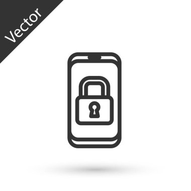 Beyaz arka planda kapalı asma kilit simgesine sahip gri çizgi akıllı telefon. Kilitli telefon. Gezici güvenlik, güvenlik, koruma konsepti. Vektör.