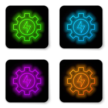 Parlayan neon hattı teçhizat ve ışık ikonu beyaz arka planda izole edildi. Elektrik gücü. Şimşek işareti. Siyah kare düğme. Vektör.