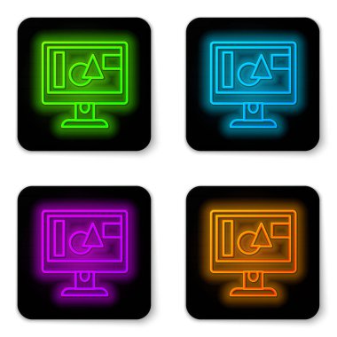 Parlayan neon hattı bilgisayar ekranı simgesi beyaz arkaplanda izole edildi. Elektronik cihaz. Ön manzara. Siyah kare düğme. Vektör.