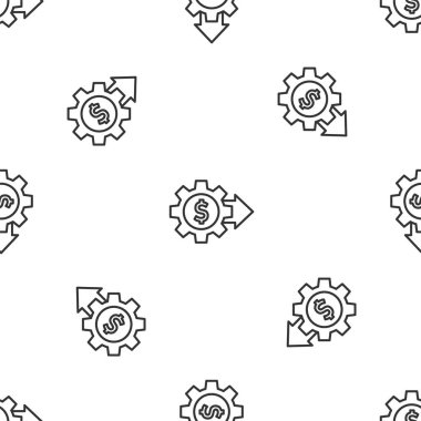 Dolar sembolü simgesi olan gri çizgi dişlisi beyaz arka planda izole edilmiş pürüzsüz desen. İş ve finans kavramsal ikonu. Vektör.