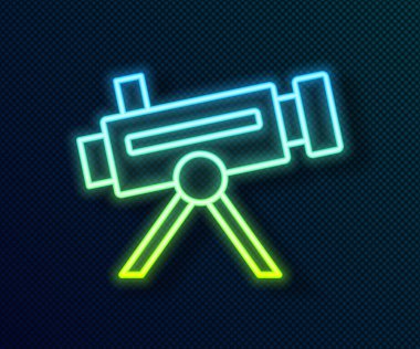 Parlayan neon hattı Teleskop simgesi siyah arkaplanda izole edildi. Bilimsel bir alet. Eğitim ve astronomi elementi, dürbün ve çalışma yıldızları. Vektör