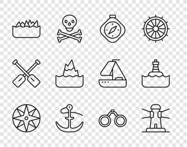 Set hattı Rüzgar, Deniz feneri, Pusula, Çapa, Keskin taş resifleri, Buzdağı, Dürbün ve Yüzen Şamandıra simgesi. Vektör