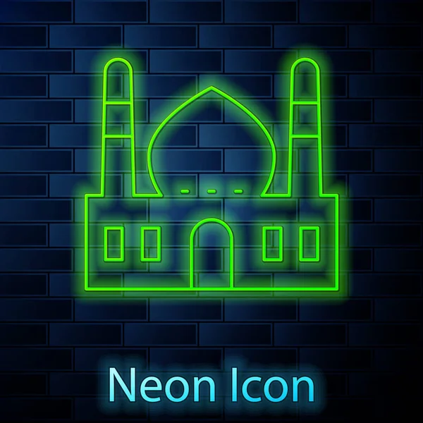 Glowing Neon Line Muslim Mosque Icon Isolated Brick Wall Background — Stock Vector