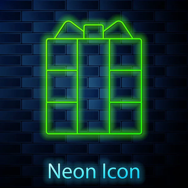 Leuchtende Neon Linie Gift Box Symbol Isoliert Auf Backsteinwand Hintergrund — Stockvektor