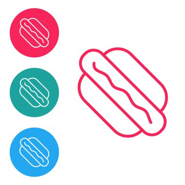 Kırmızı çizgi Hotdog sandviç simgesi beyaz arkaplanda izole edildi. Sosis ikonu. Fast food burcu. Simgeleri daire düğmelerine ayır. Vektör