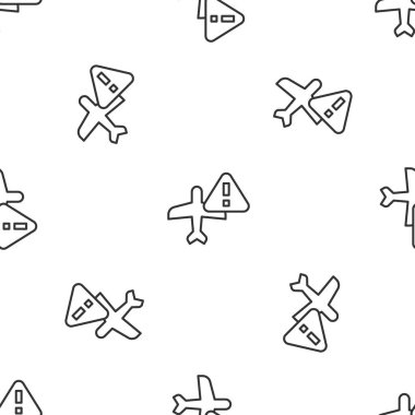 Gri çizgi uyarı hava aracı ikonu beyaz arka planda izole edilmiş kusursuz desen. Bozuk uçak. Yasak bölgede uçmak. Uçak taşımak ve seyahat etmek yasaktır. Vektör