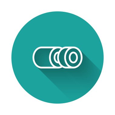 Beyaz çizgi suşi simgesi uzun gölge arkaplan izole. Geleneksel Japon yemekleri. Yeşil daire düğmesi. Vektör