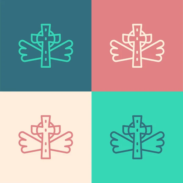 ポップアートライン色の背景に隔離されたキリスト教の十字アイコン 教会の十字架 ベクトル — ストックベクタ