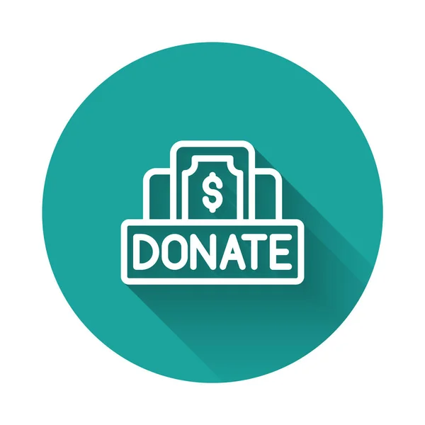 白线捐款和慈善图标与很长的阴影背景隔离 捐赠资金和慈善概念 绿色圆环按钮 — 图库矢量图片