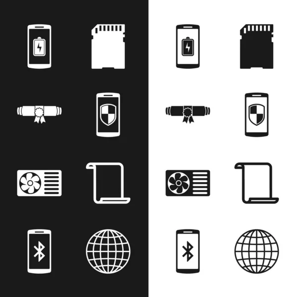 Set Smartphone met schild, Diploma opgerolde rol, acculading, SD-kaart, Airconditioner en Papier pictogram. Vector — Stockvector