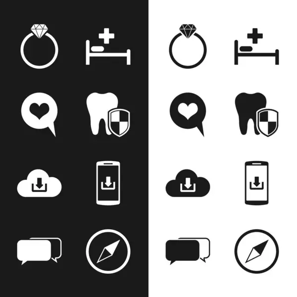 Σετ Οδοντιατρική προστασία, Καρδιά σε φούσκα ομιλία, Diamond δαχτυλίδι αρραβώνων, κρεβάτι νοσοκομείου, Cloud κατεβάσετε και Smartphone με εικονίδιο. Διάνυσμα — Διανυσματικό Αρχείο