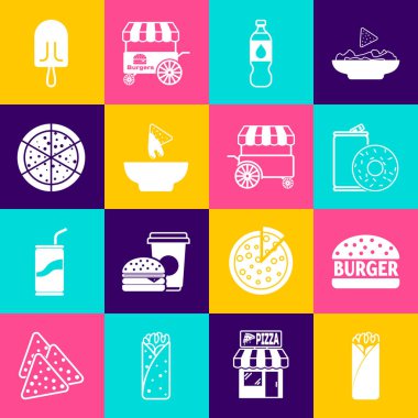 Burrito, Burger, Alüminyum kutu soda ve donut, bir şişe su, Nachos tabağı, Pizza, Dondurma ve Fast Street yemek arabası ikonu. Vektör