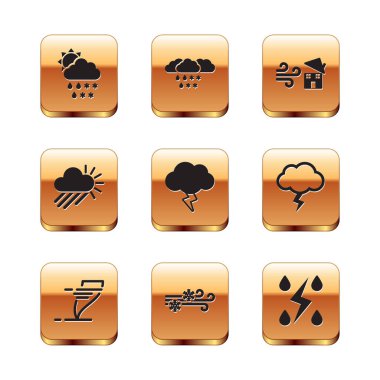 Bulut 'u kar, yağmur, güneş, kasırga, rüzgar ve fırtına, bulut, girdap ve ikon ile donatın. Vektör