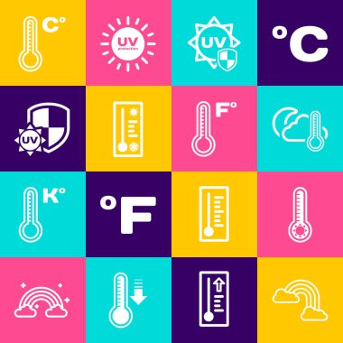 Gökkuşağını bulutlar, Meteoroloji termometresi, termometre ve bulut, ay, ultraviyole koruma ve ikon ile ayarla. Vektör