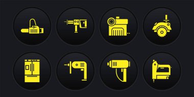 Buzdolabı, elektrikli testere, matkap, endüstriyel kurutucu, hava kompresörü ve Rotary çekiç ikonu ayarlayın. Vektör