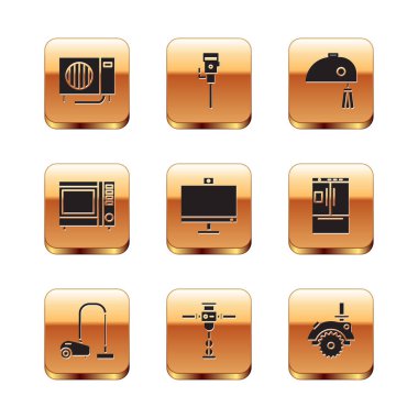 Klimayı, elektrikli süpürgeyi, inşaat matkabını, bilgisayar monitörünü, mikrodalga fırını ve elektrikli mikser ikonunu ayarla. Vektör
