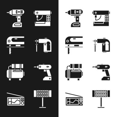 Rotary çekiç matkabı, elektrikli yapboz, kablosuz tornavida, dikiş, hava kompresörü ve ikon ayarlayın. Vektör