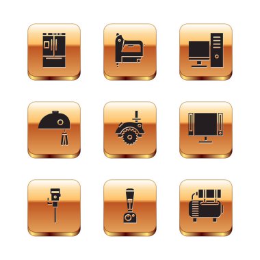 Buzdolabı, inşaat matkabı, blender, elektrikli testere, mikser ve bilgisayar monitörü ikonunu ayarla. Vektör