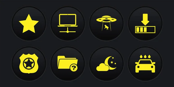 Set Polizeiabzeichen, Laden, Unbekanntes Verzeichnis, Wolke mit Mond und Sternen, UFO entführt Kuh und Computernetzwerk-Symbol. Vektor — Stockvektor