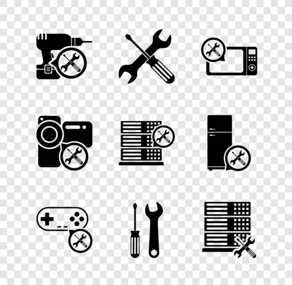 Set Drill Machine servis, Crossed šroubovák a klíč, Mikrovlnná trouba, Gamepad, šroubovák, Databázový server, Video kamera a ikona. Vektor — Stockový vektor