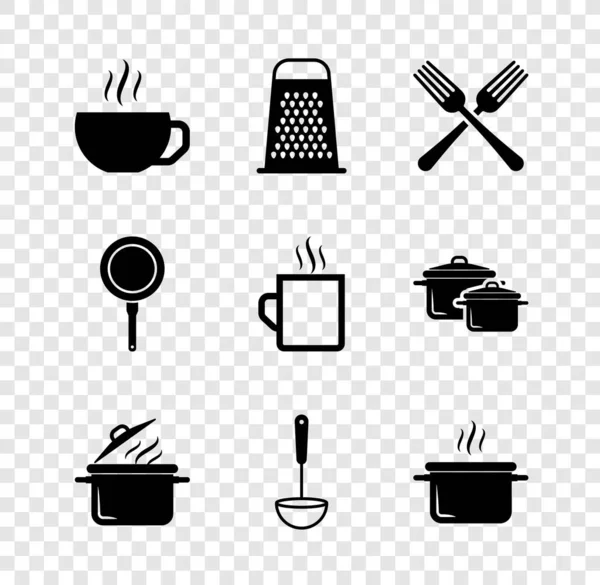 Set Kaffeetasse, Reibe, Gabel, Kochkanne, Kochlöffel, Pfanne und Icon. Vektor — Stockvektor