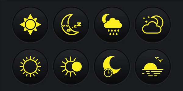 Sonnenuntergang, Wolke mit Mond und Sternen, Sonnenfinsternis, Schlaf, Regen, Mondsymbol, Sonnenuntergang und -symbol. Vektor — Stockvektor