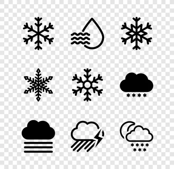 Set Snowflake, Water drop percentage, Fog and cloud, Cloud with rain lightning and snow moon icon. Vector — Stock Vector