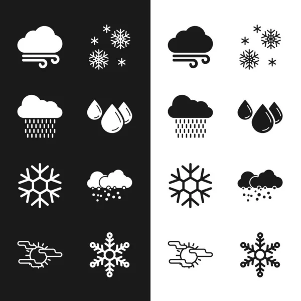 Définir goutte d'eau, nuage avec pluie, temps venteux, neige, flocon de neige et icône de neige. Vecteur — Image vectorielle