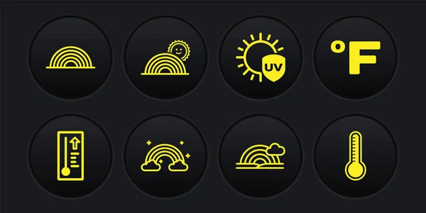Set Termómetro de meteorología, Fahrenheit, arco iris con nubes, protección UV, sol e icono. Vector — Archivo Imágenes Vectoriales