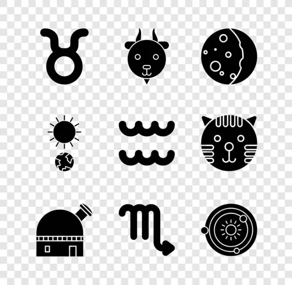 Set Taurus zodiac, Aries, Eclipse of the sun, Astronomical observatory, Scorpio, Solar system, Solstice and Aquarius icon. Вектор — стоковий вектор