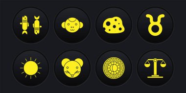 Set Sun, Taurus Zodiac, Rat, Astroloji burç çemberi, Asteroid, Monkey, Terazi ve Balık ikonu. Vektör